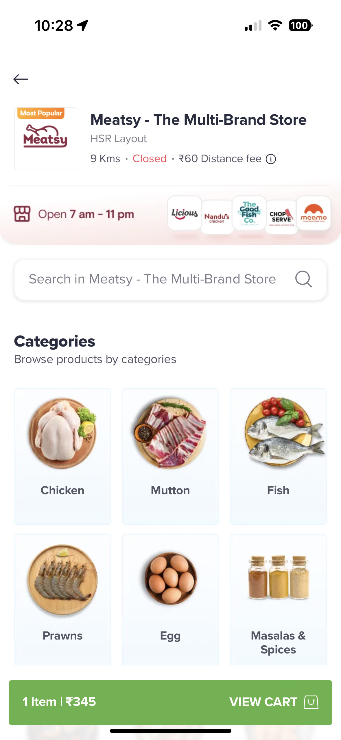 Swiggy Meat Stores multi-brand page showing categories and participating brands.