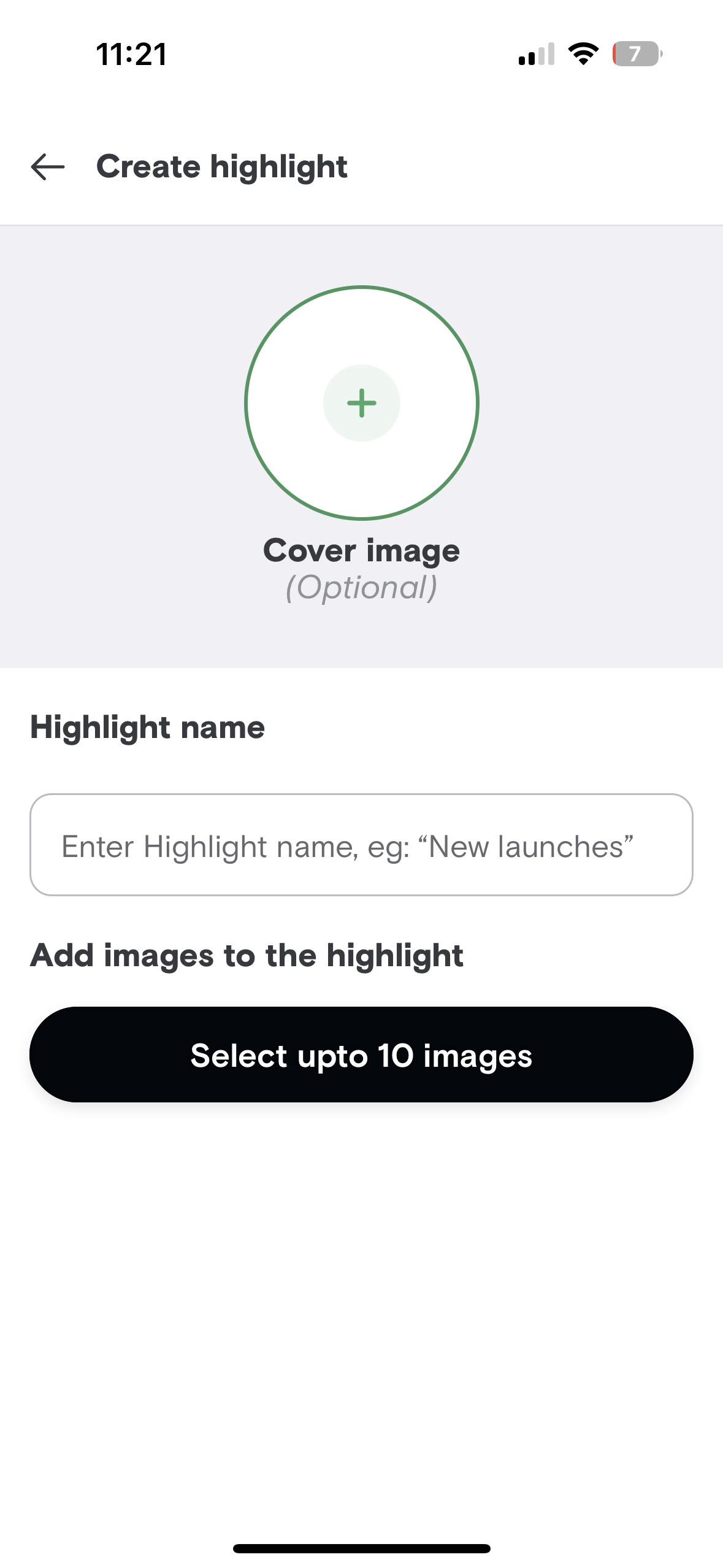Swiggy Minis create-highlight screen for adding a visual story to a storefront.