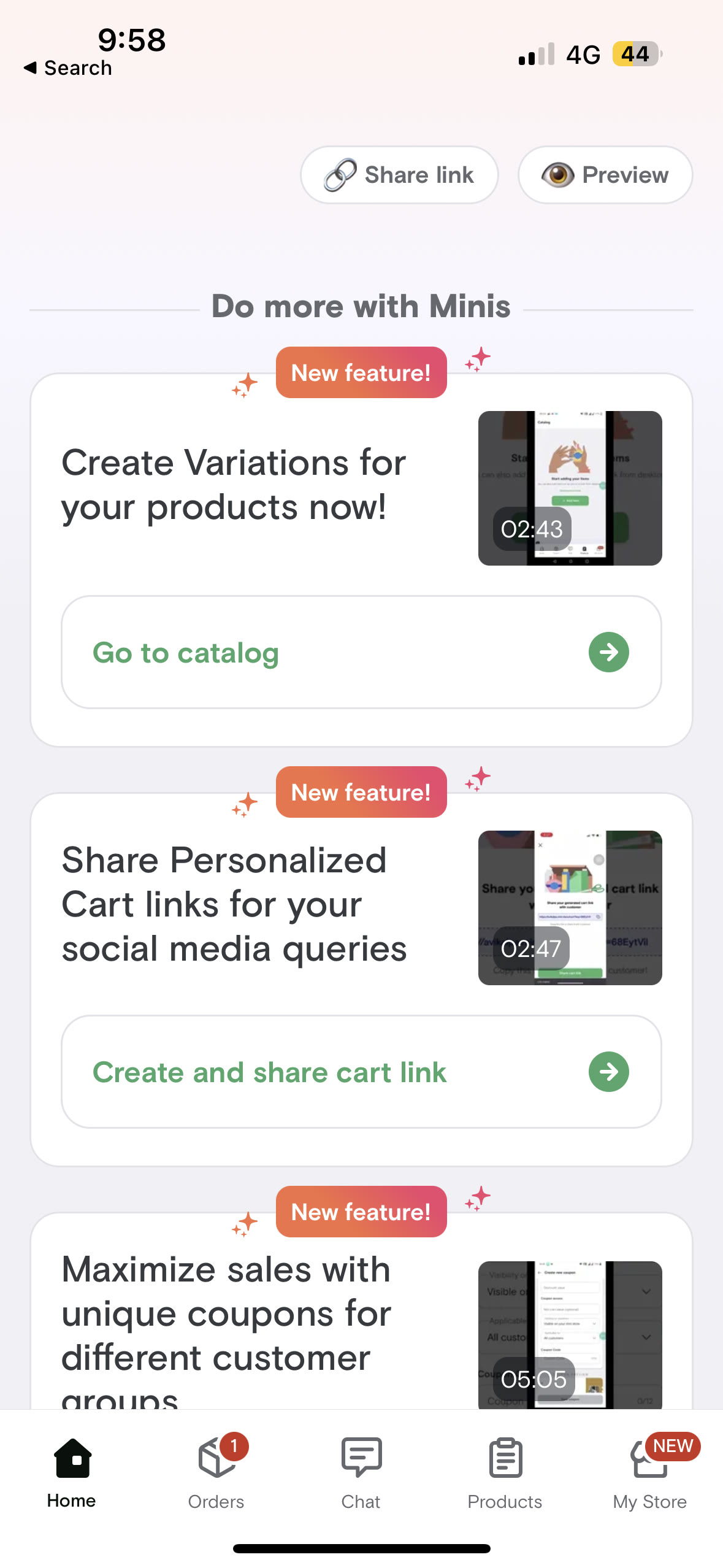 Swiggy Minis seller home showing product variations, personalised cart links, and coupon tools.