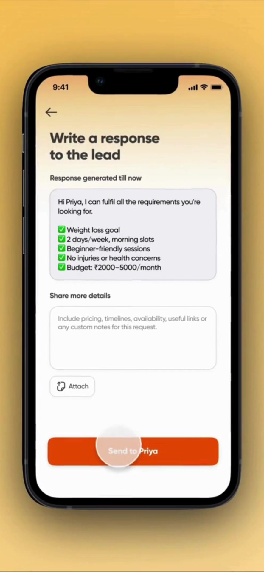 Pyng response composer showing the matched requirements, a field for more details, and a send action.